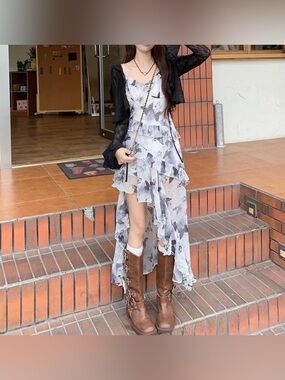 Spaghetti Strap Floral Print Asymmetrical Dress